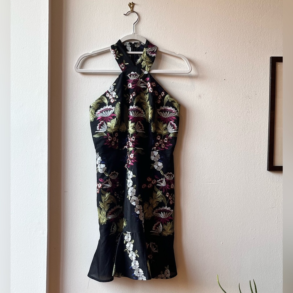 Hutch Embroidered Dress Halter Flare Ruffle Hem Cocktail